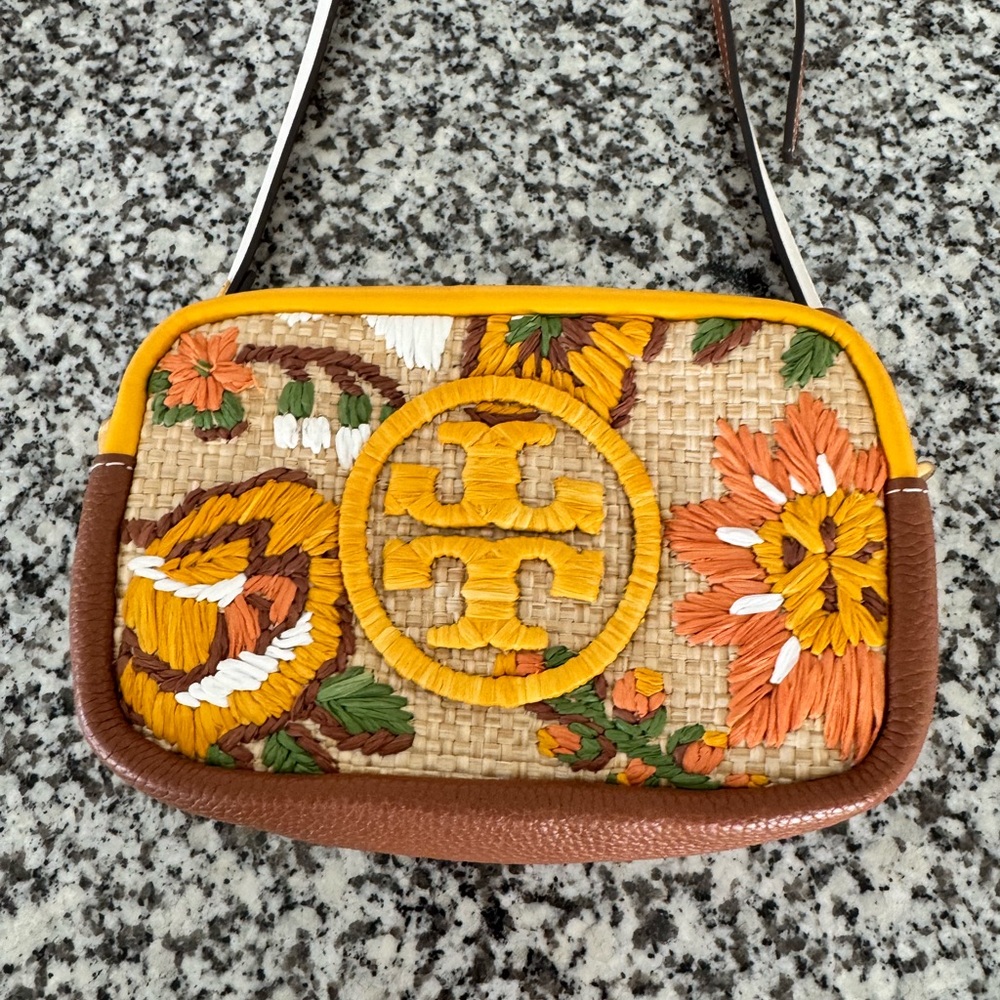 Tory Burch Yellow and Brown Embroidered Crossbody Bag